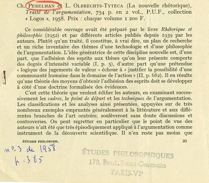 Fonds Chaïm Perelman, Archives de l'Université libre de Bruxelles, BE.ULB-ARCH/89PP 14.1