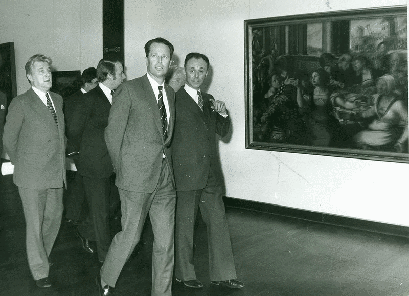 A l'arrière, les Ministres Falise, Jos Chabert, Guy Cudel et Edmond Leburton. 26.02.1974