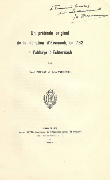 Exemplaire dédicacé à François Ganshof - 1935